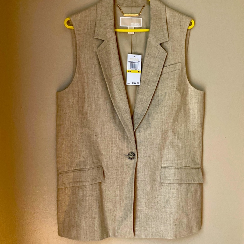 Linen vest, neutral color , good for office and out in town.